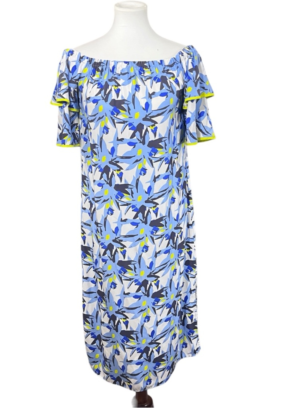 Marie Oliver Silk Dress Small Blue Floral Off Shoulder Sheath Flutter Sleeve